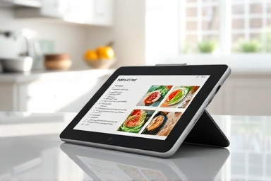 Waterproof tablet displaying recipe in a modern kitchen.